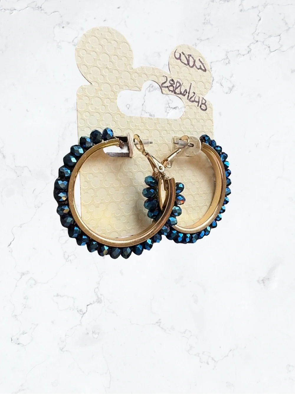 Disney Gold Hoop Earrings with Teal Blue Crystal Beads